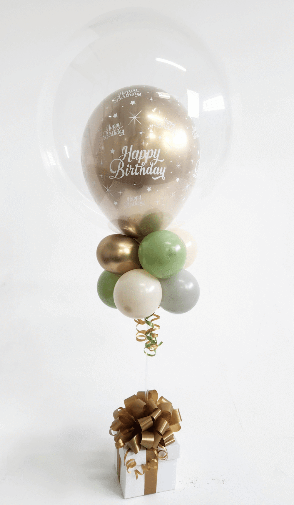 Happy Birthday Topiary Tree Bubble Balloon Topper with Bow and box base