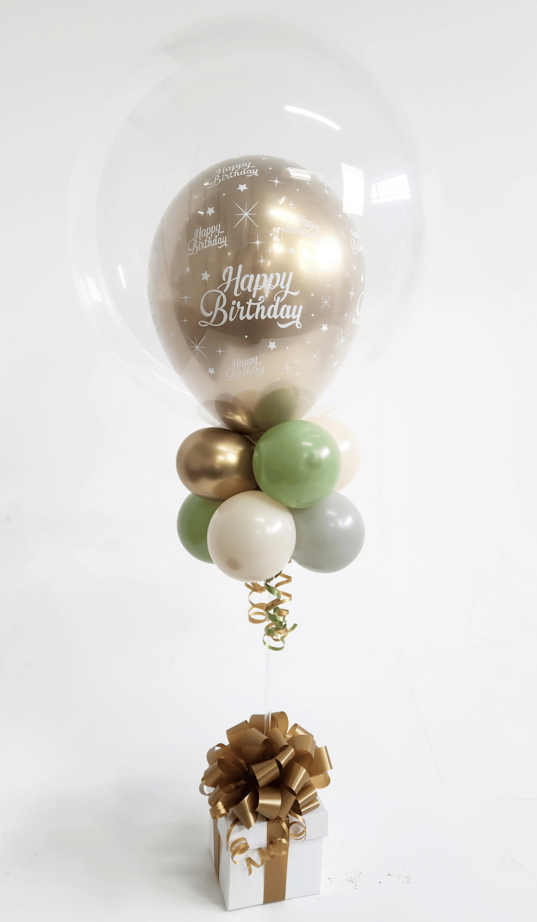 Happy Birthday Topiary Tree Bubble Balloon Topper with Bow and box base