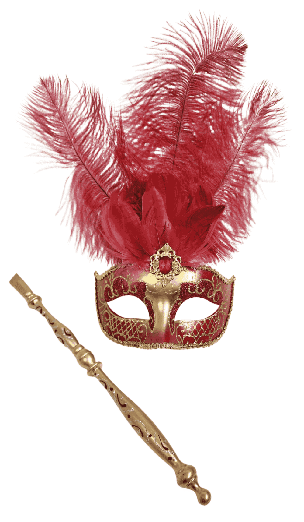 Feather glitter eye mask with stick Gold Red