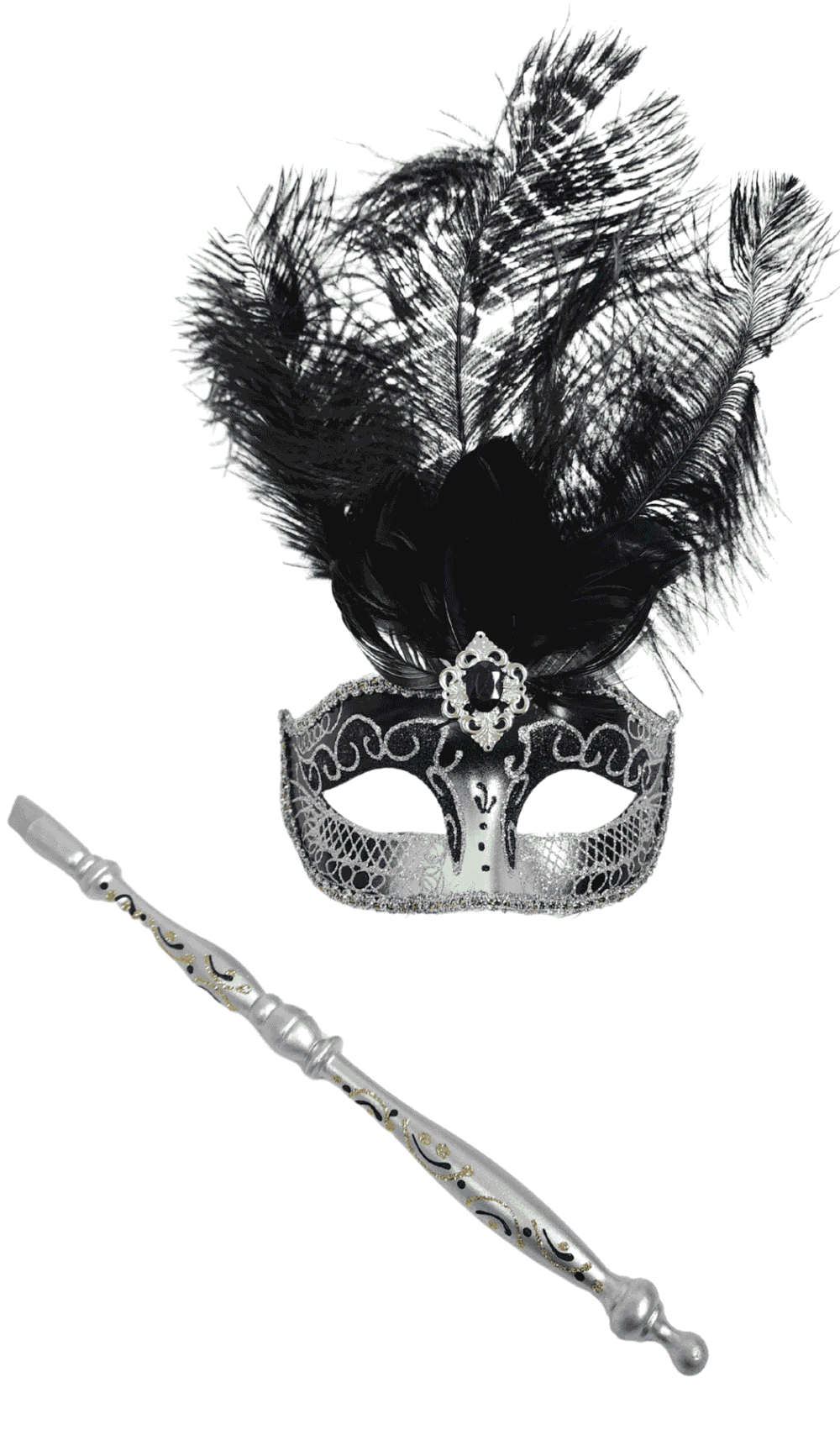 Feather glitter eye mask with stick Silver Black