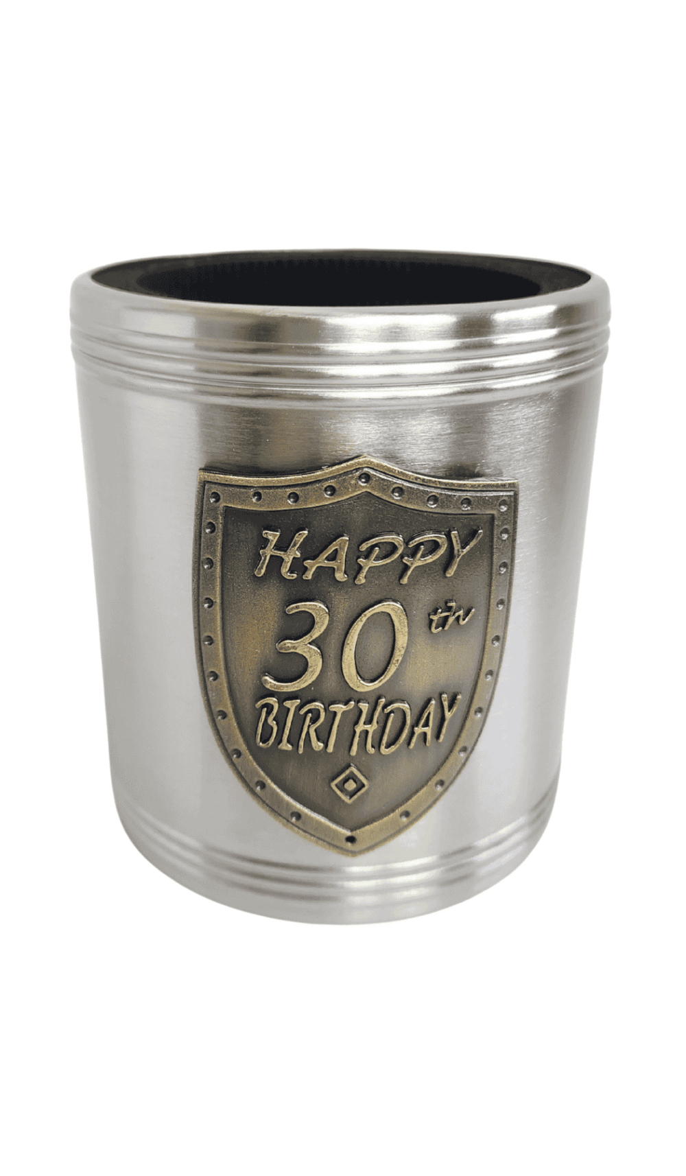 Stubby Holder Can Cooler Silver Happy 30th Birthday Gold Badge