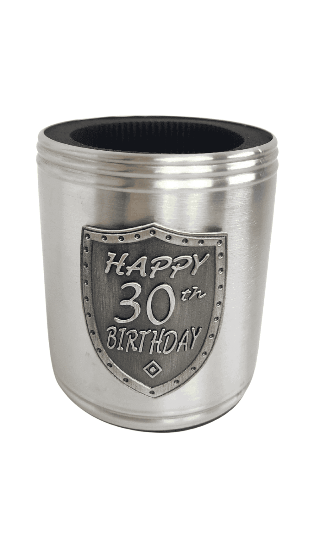 Stubby Holder Can Cooler Silver Happy 30th Birthday Badge