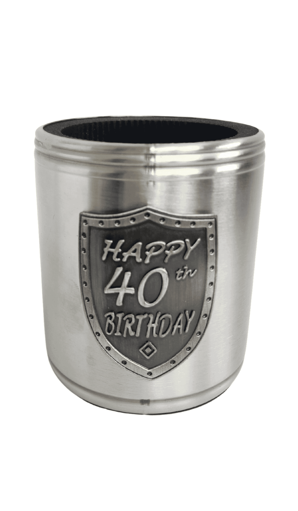 Stubby Holder Can Cooler Silver Happy 40th Birthday Badge