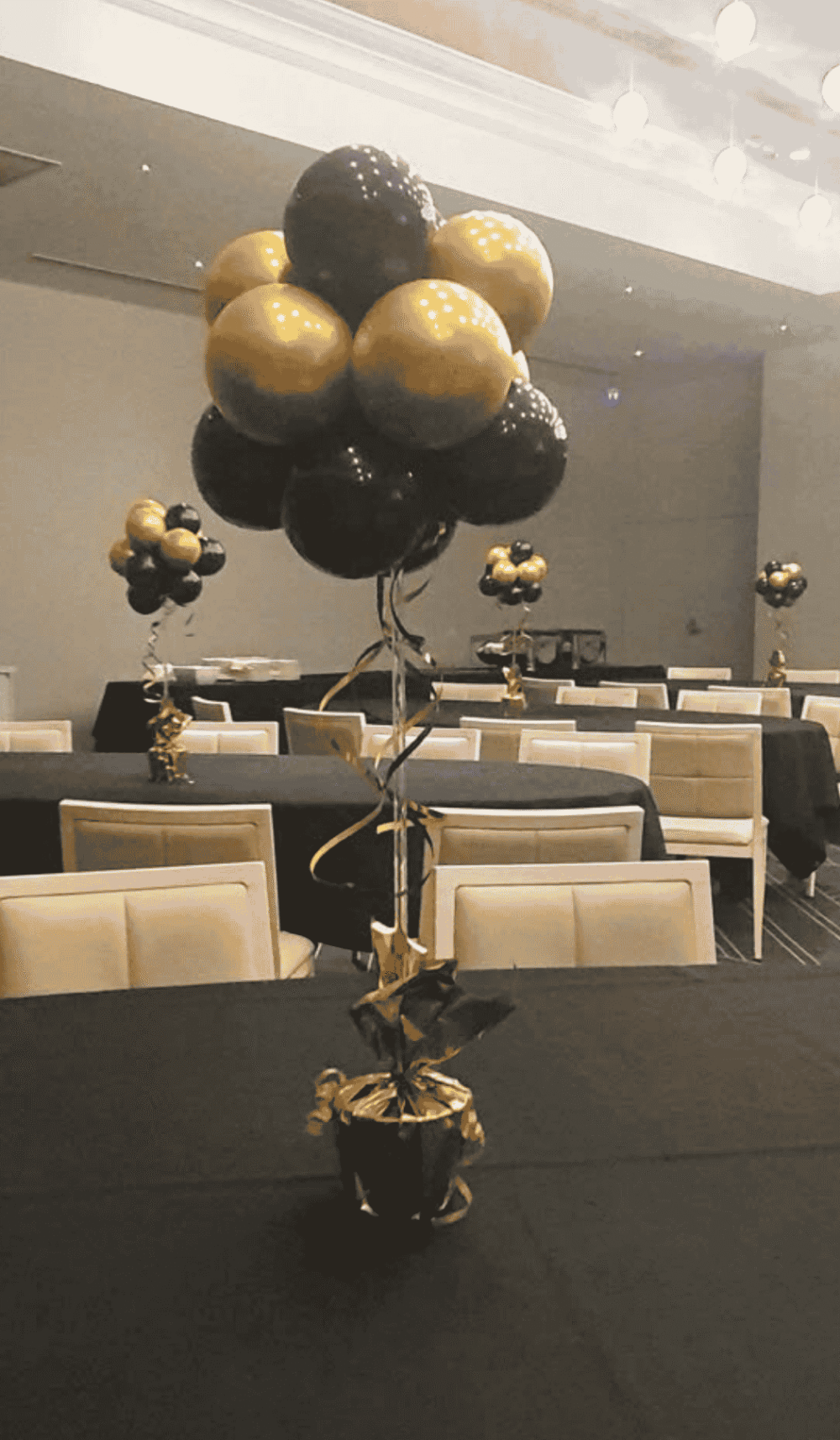 Topiary Tree Cellophane Base Gold Black Balloons Centrepiece