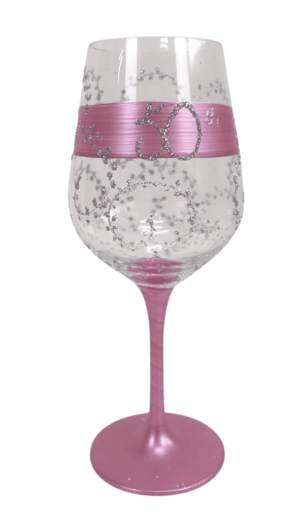 Wine Glass Pink Silver Hand Painted Glitter 50th Birthday