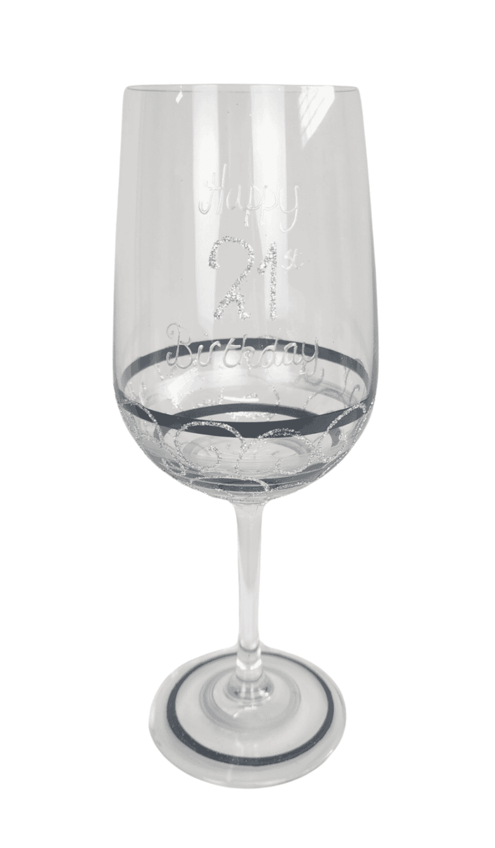 Wine Glass Painted Happy 21st Birthday Silver Black