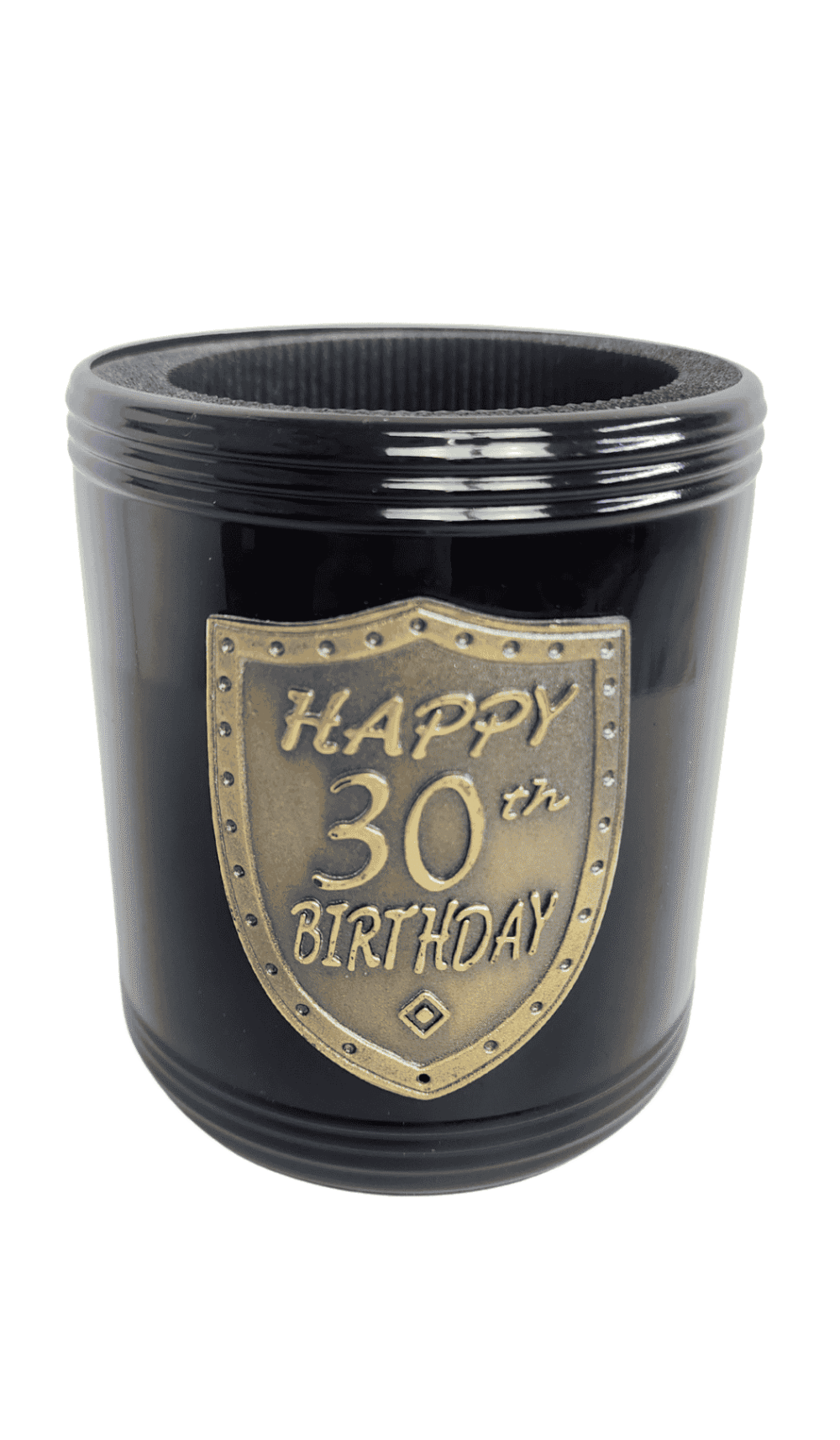 Stubby Holder Can Cooler Black Happy 30th Birthday Gold Badge