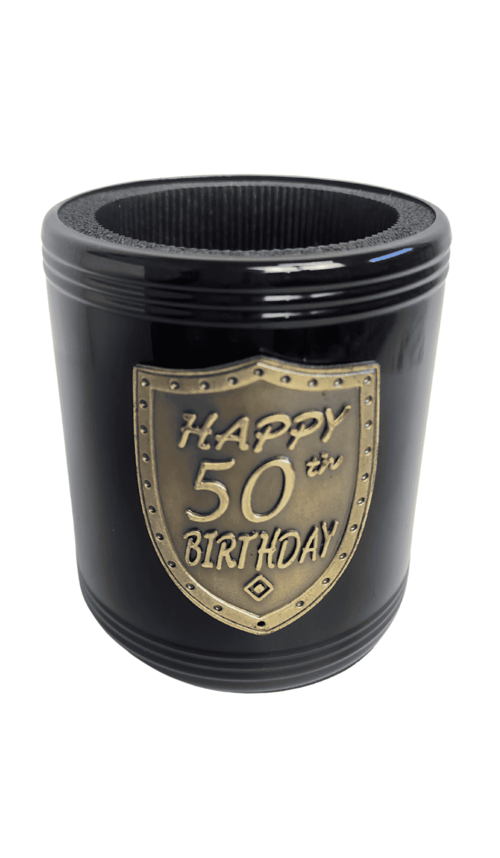 Stubby Holder Can Cooler Black Happy 50th Birthday Gold Badge