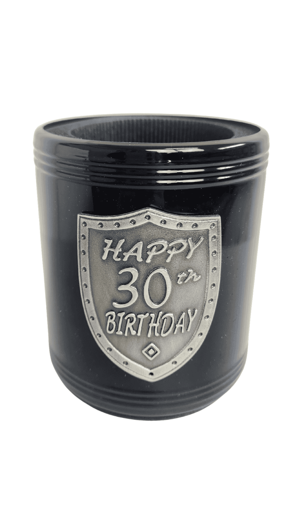 Stubby Holder Can Cooler Black Happy 30th Birthday Silver Badge