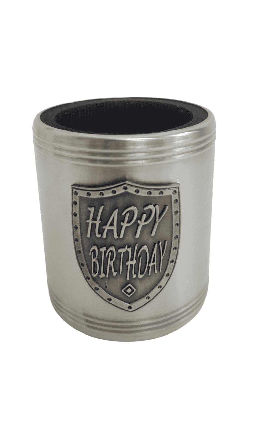 stubby holder happy birthday badge silver stainless steel