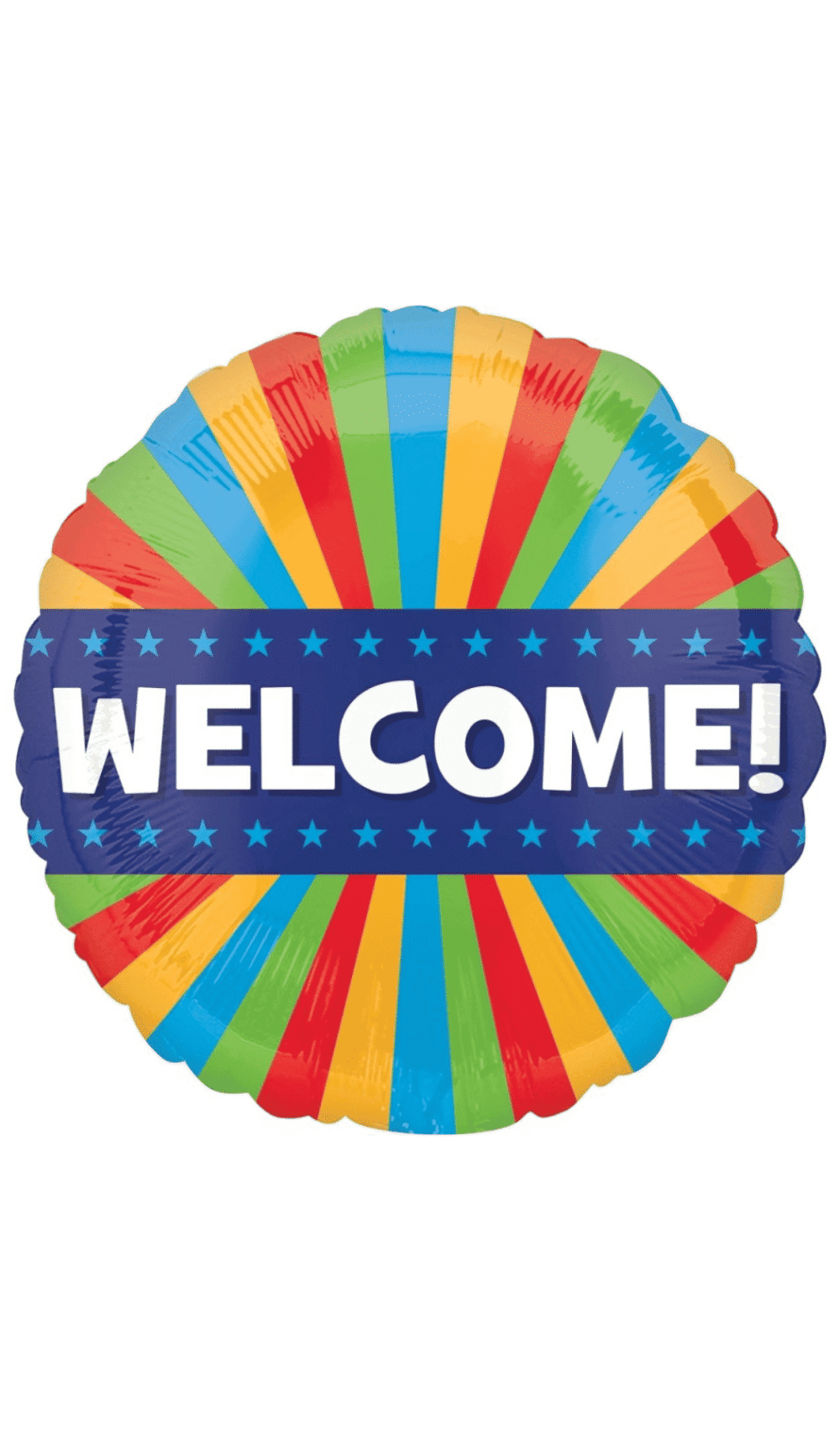 Welcome round foil balloon colourful stripes stars