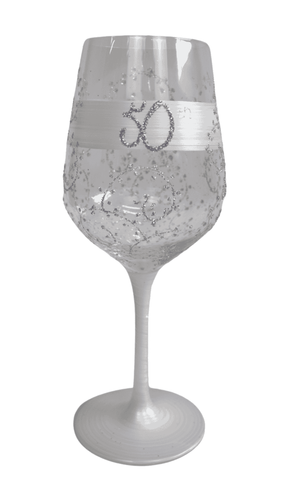 Wine Glass Hand Painted White Silver Glitter 50th Birthday
