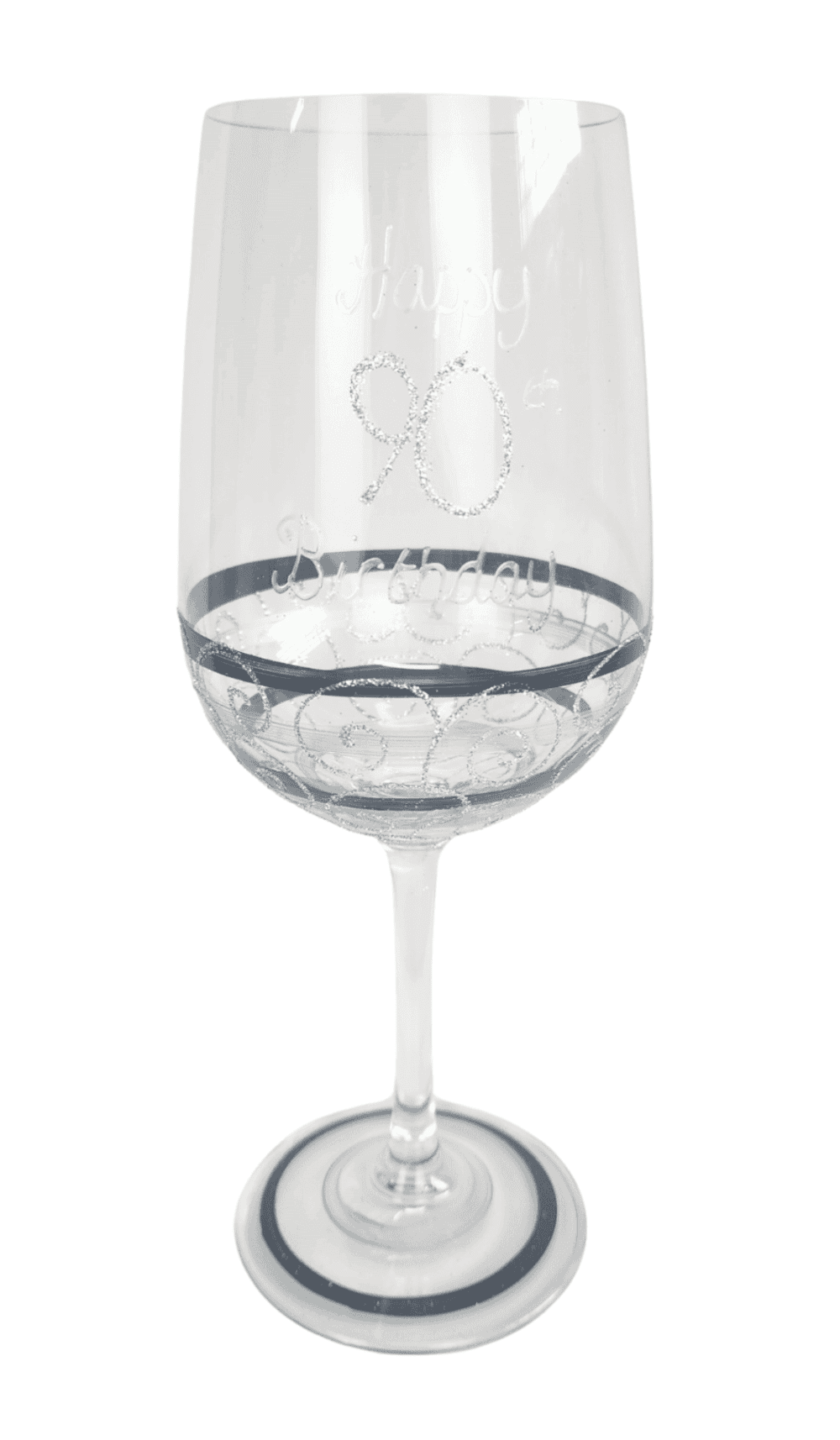 Wine Glass Hand Painted Glitter Black Silver 90th Birthday