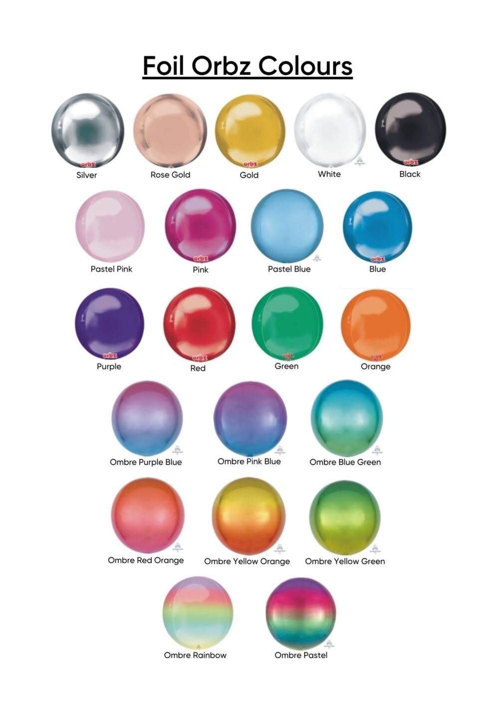 Foil Orbz Plain Colours Balloon Chart