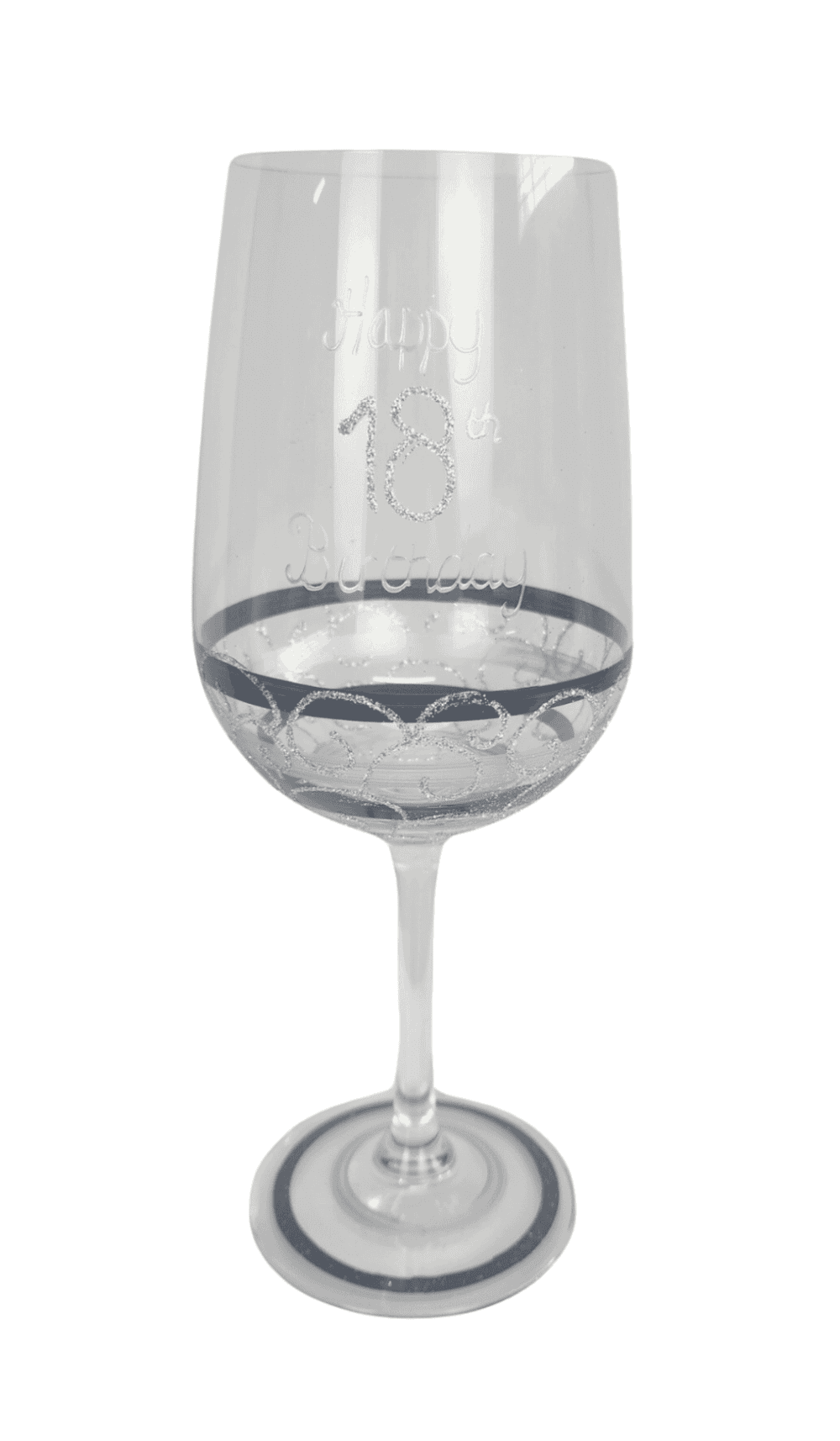 Wine Glass Painted Happy 18th Birthday Silver Black