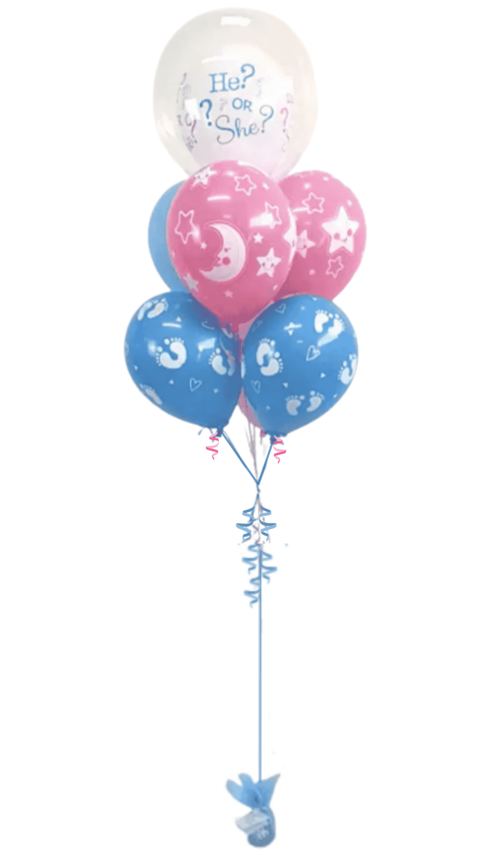 He or She baby shower gender helium balloon bouquet