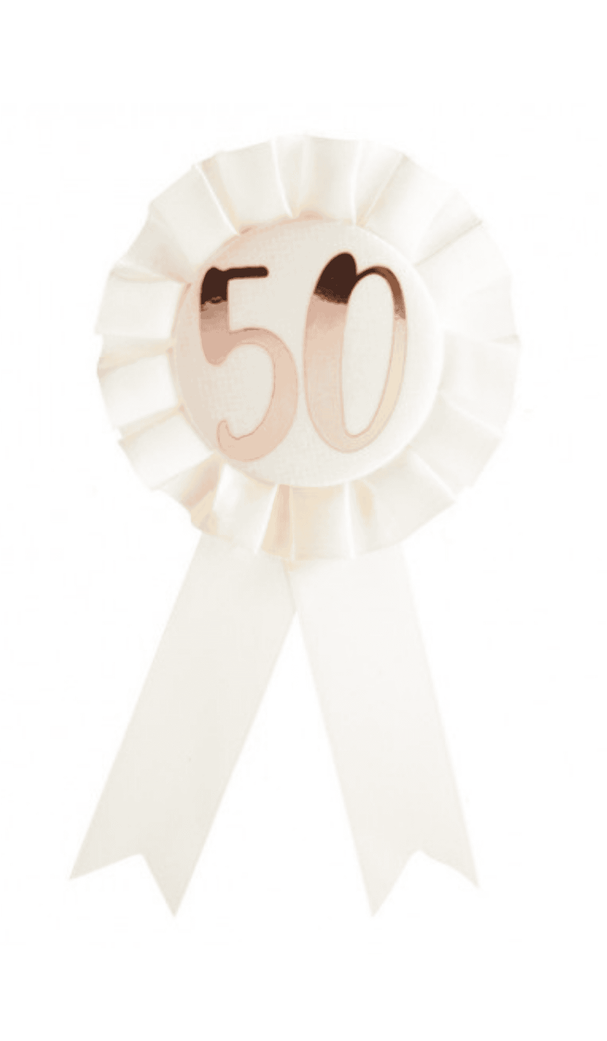 White rosette ribbon badge rose gold text 50 birthday
