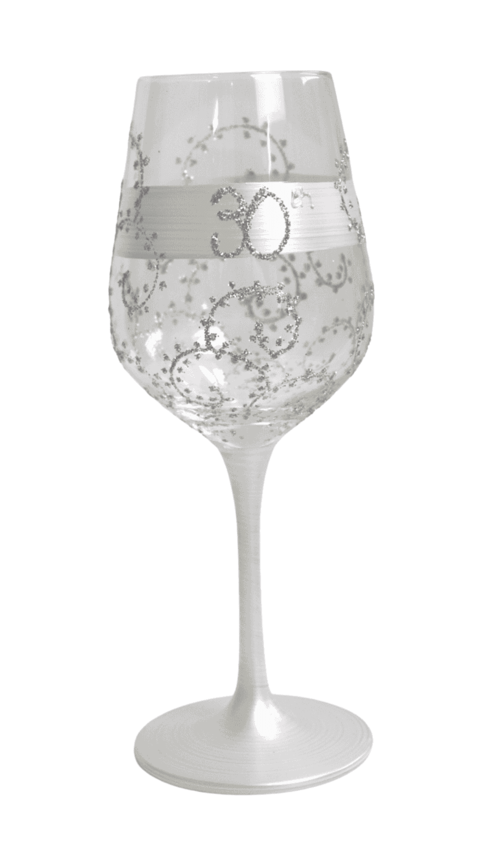 Wine Glass Hand Painted Silver White Glitter 30th Birthday