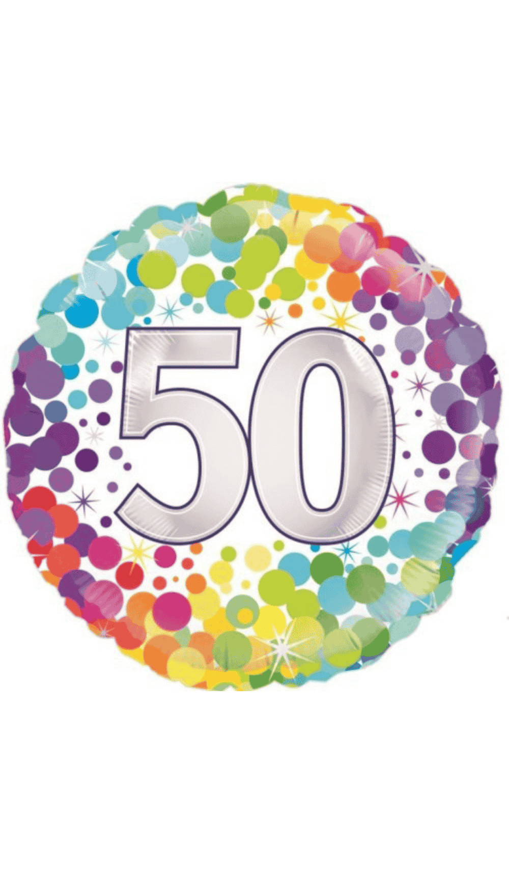 Colourful confetti dots round foil balloon 50 silver birthday