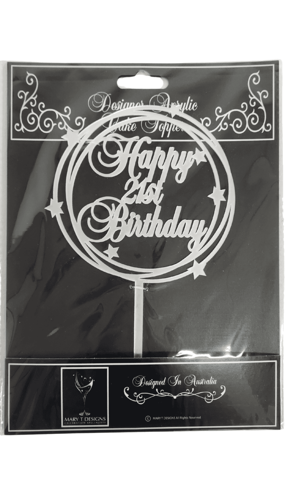 Happy 21st Birthday silver cake topper acrylic