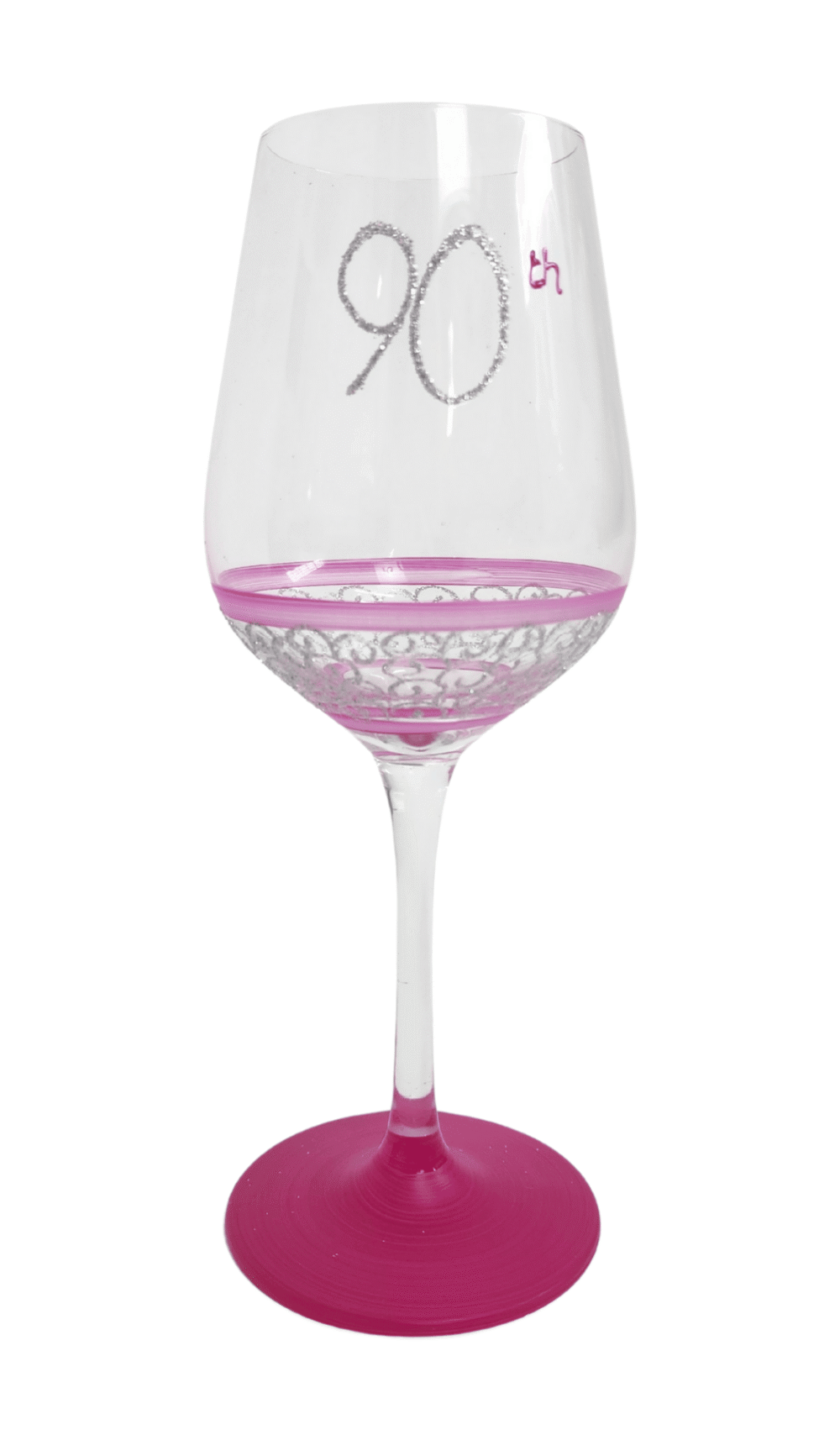 Wine Glass Hand Painted Glitter Pink Silver 90th Birthday