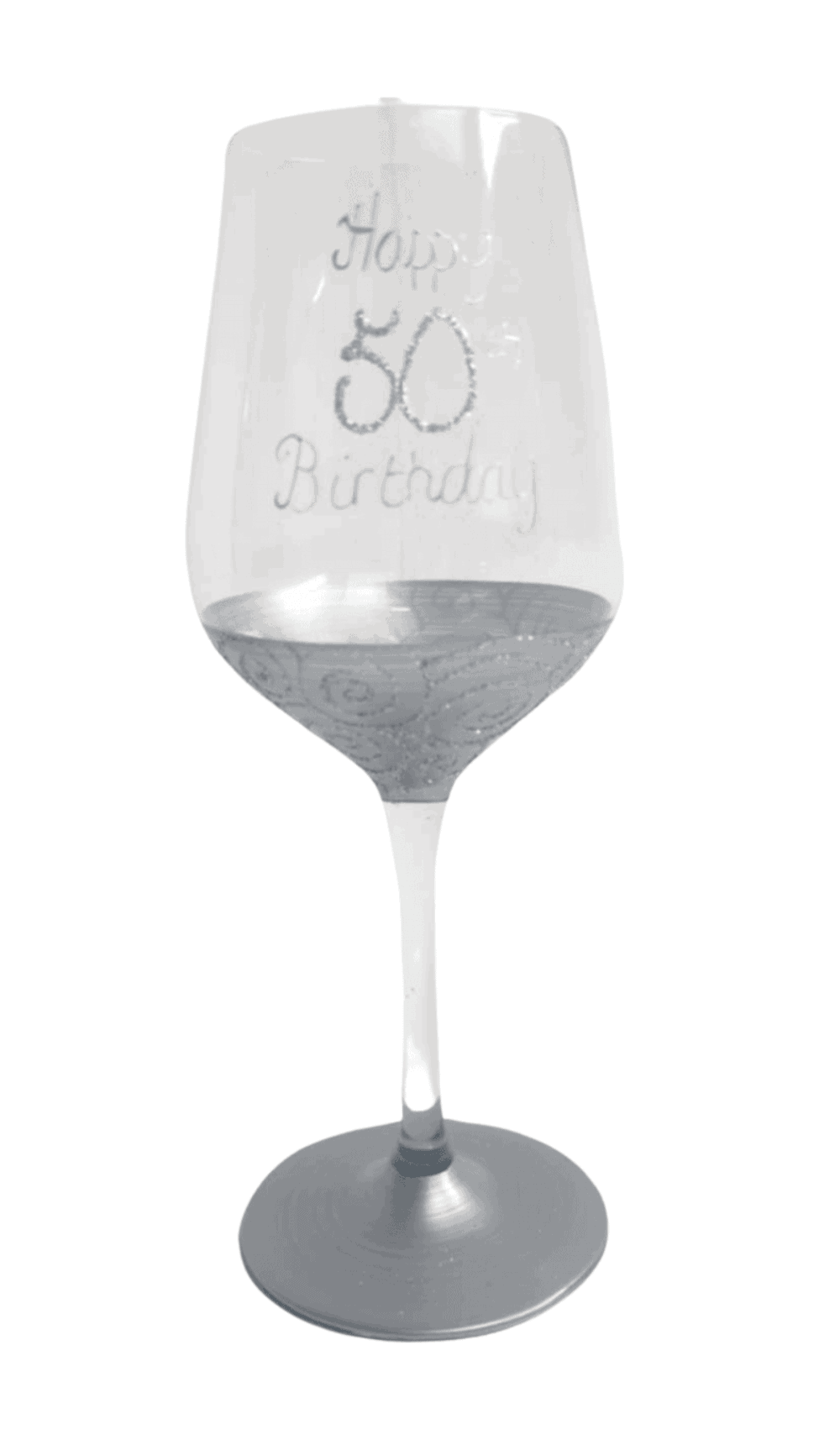 Wine Glass Hand Painted Silver White 50th Birthday