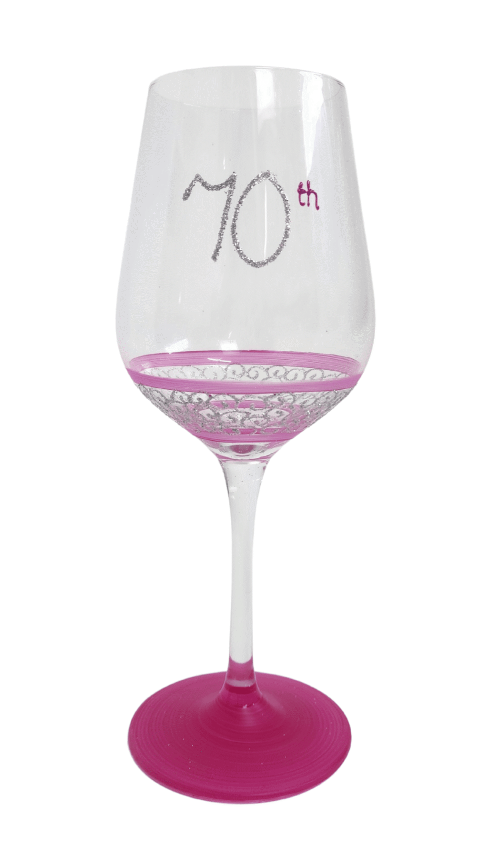 Wine Glass Hand Painted Glitter Pink Silver 70th Birthday