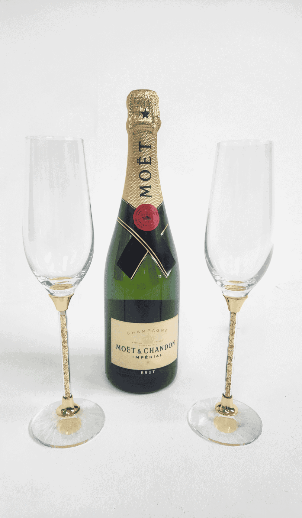 Pair Set Champagne Flutes Glasses Gold Leaf Flakes Stem