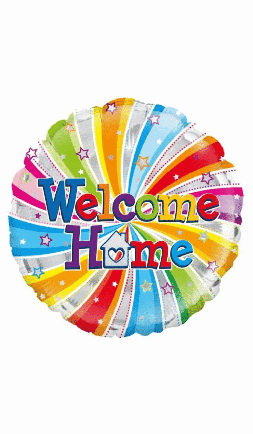 Welcome Home round foil balloon swirls stars