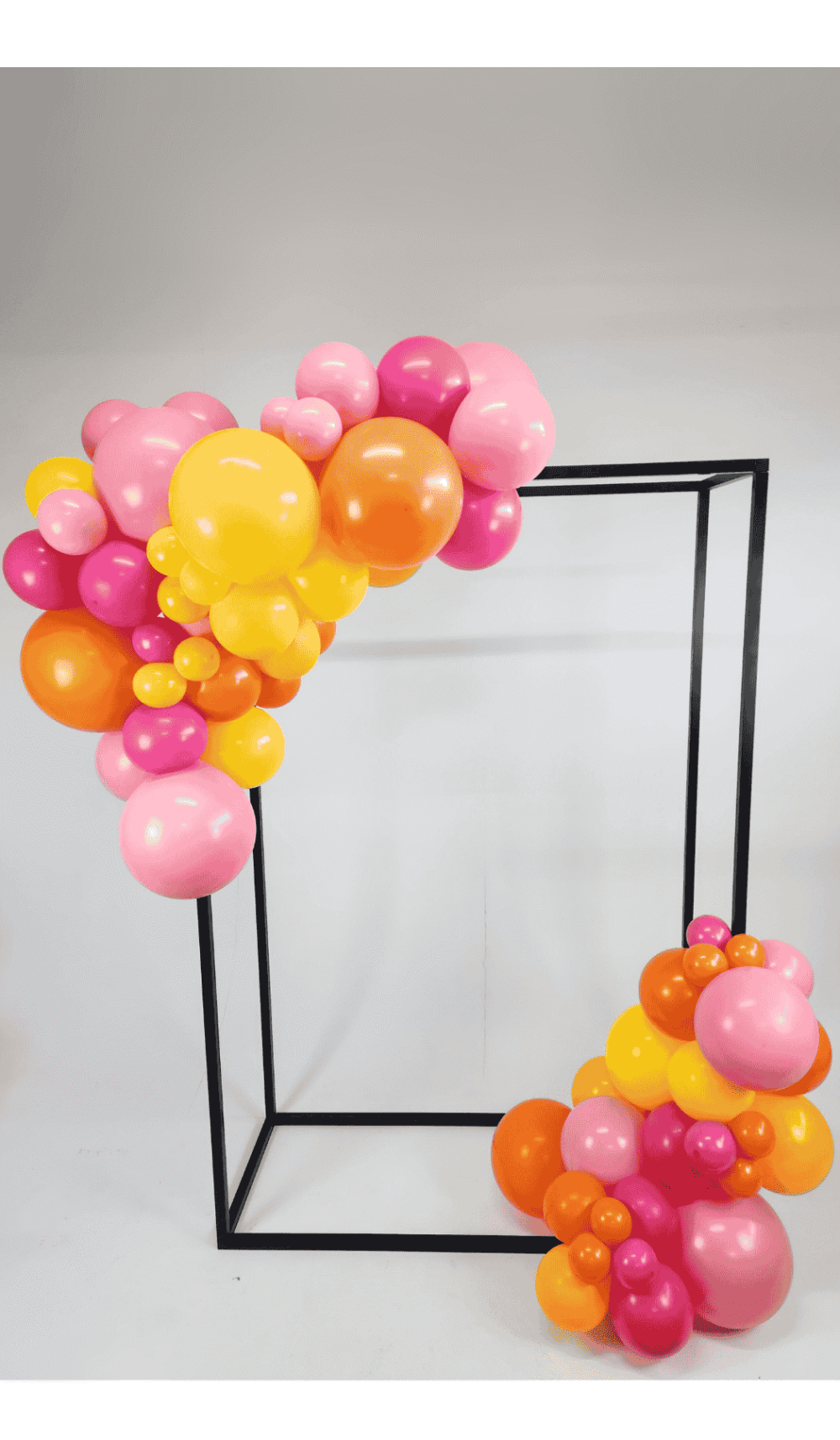 black hollow frame backdrop display organic balloon garland attached to top left corner and bottom right corner