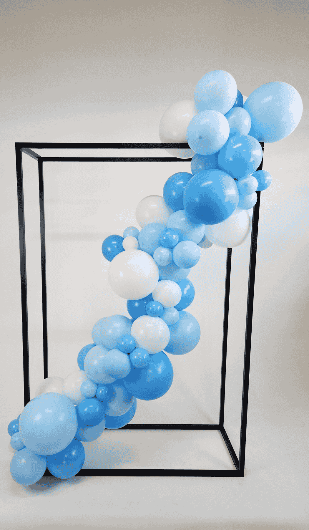 black hollow frame backdrop display organic balloon garland attached from bottom left corner through the middle to top right corner