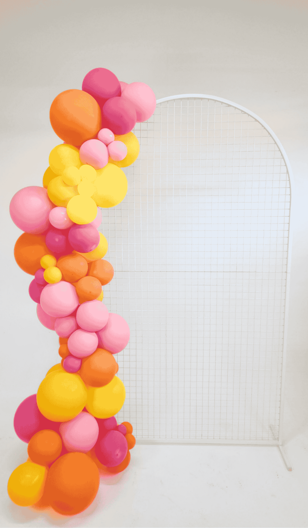 white mesh arch backdrop organic balloon garland package