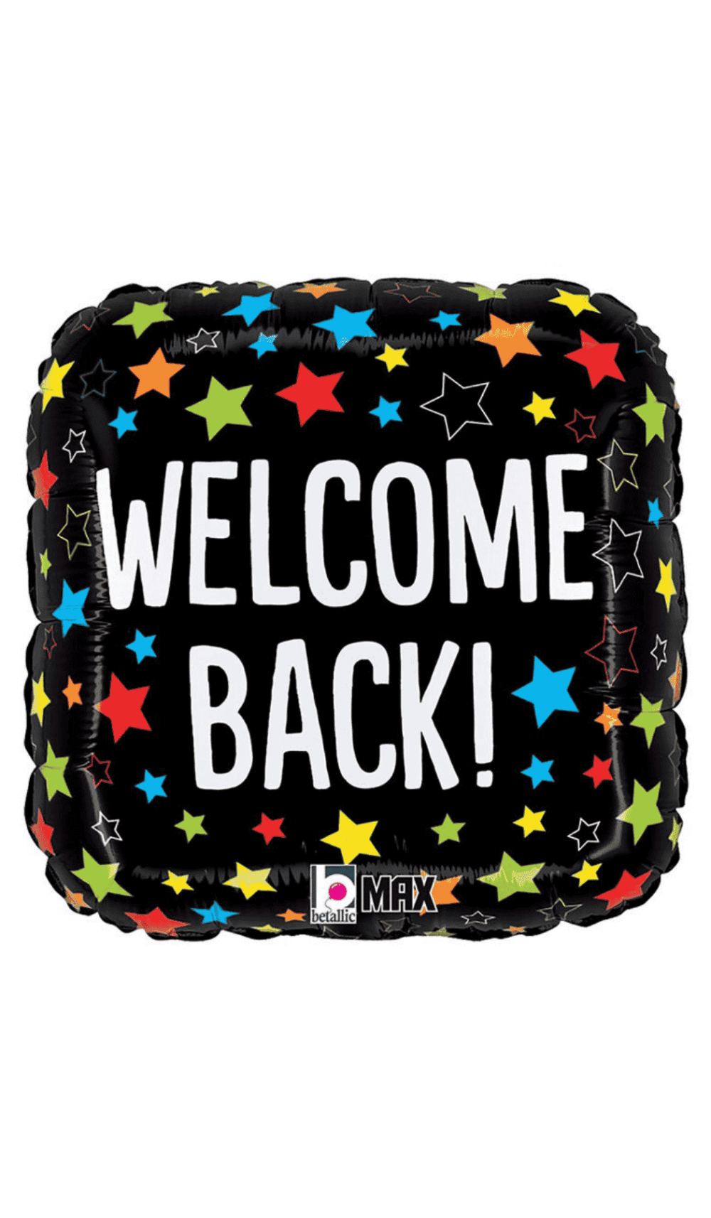 welcome back square foil balloon black with coloured stars