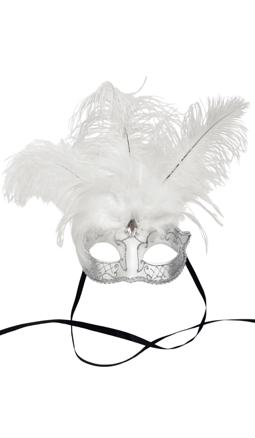 Feather Eye Mask Glitter Silver White Ribbon
