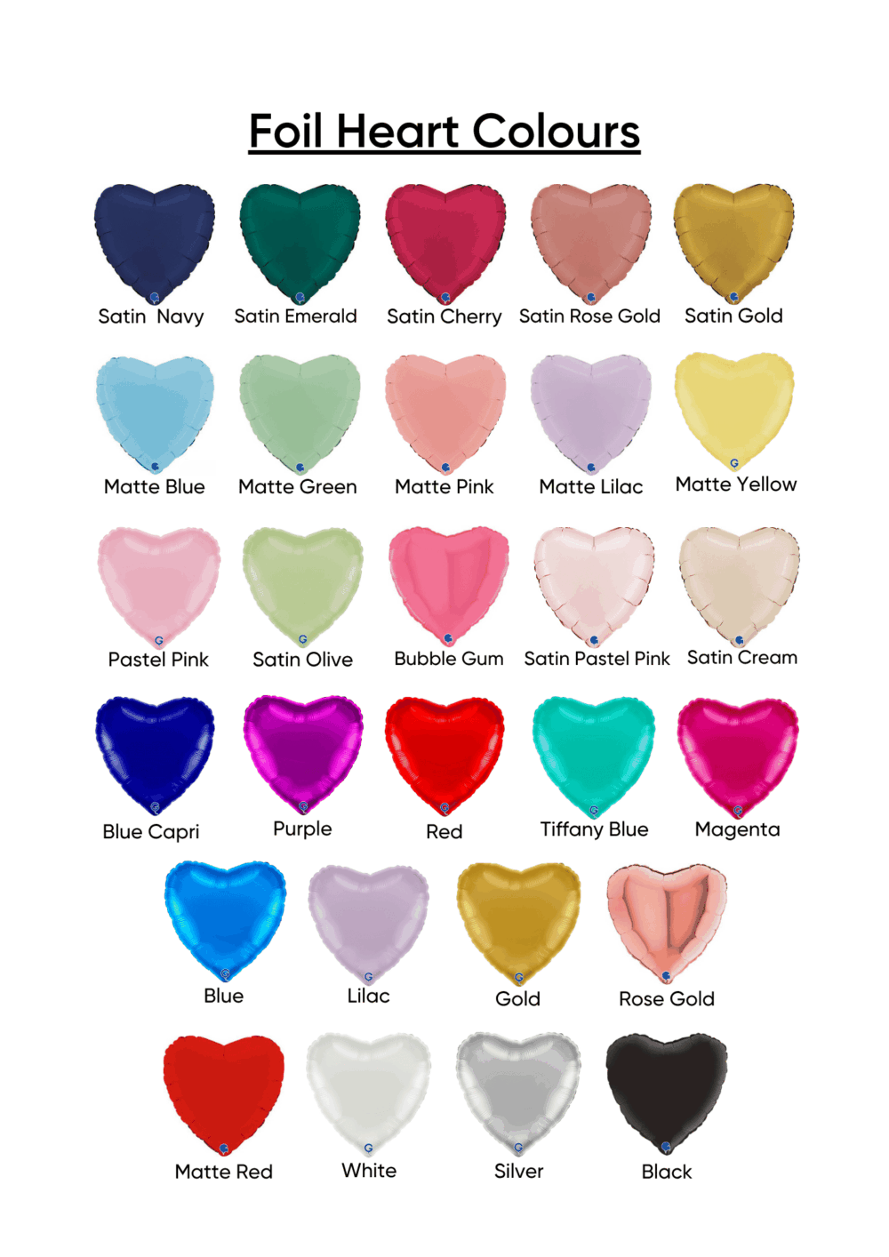 Foil Heart balloon solid colour chart