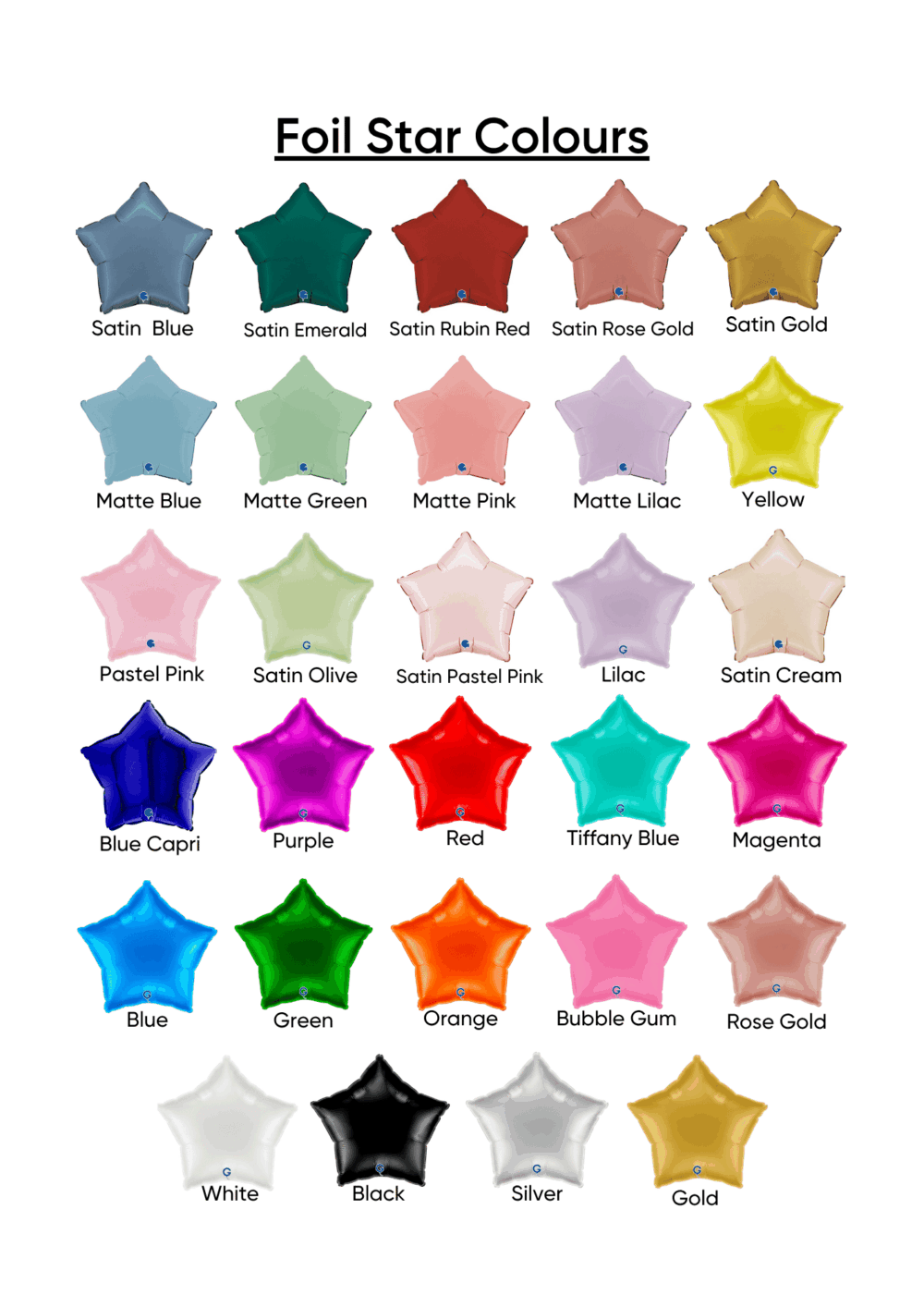 Foil Star balloon solid colour chart