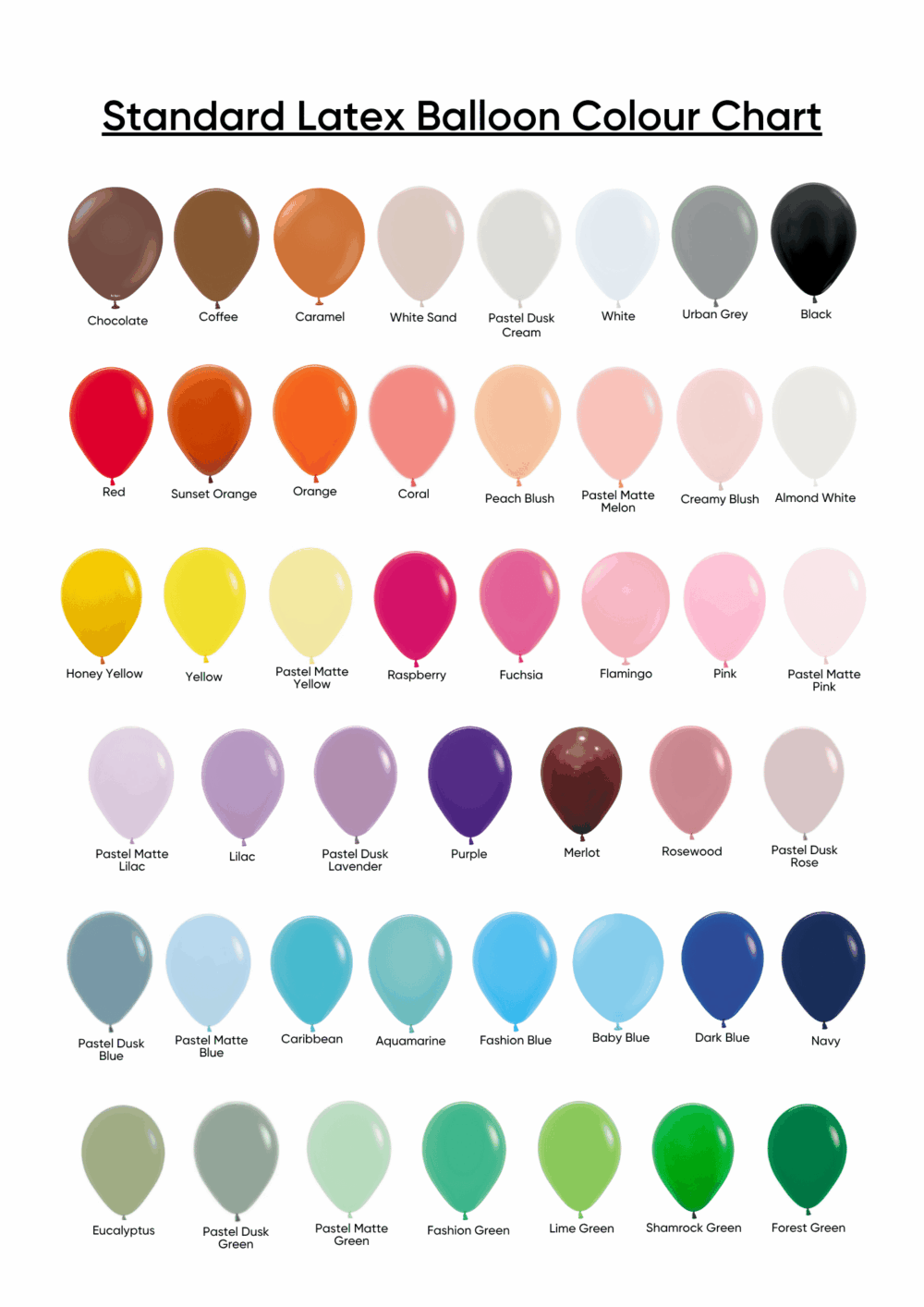 Standard Matte Finish Plain Latex Balloon Chart
