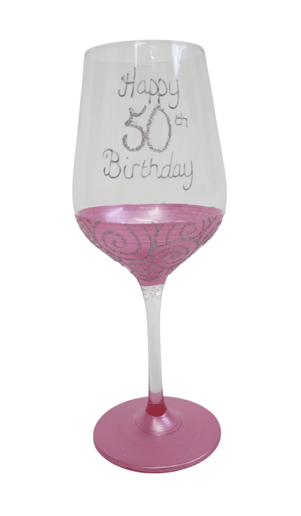 Wine Glass Hand Painted Glitter Happy 50th Birthday Pink Silver