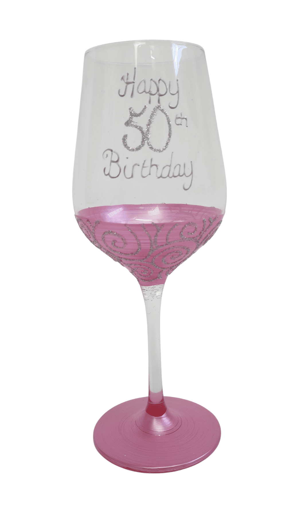 Wine Glass Hand Painted Glitter Happy 50th Birthday Pink Silver