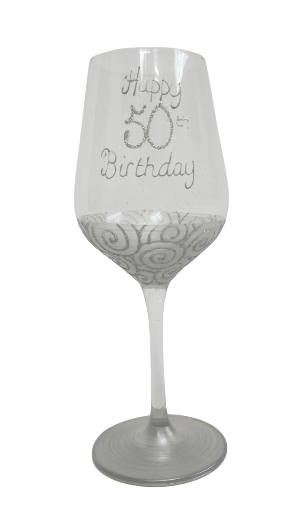 Wine Glass Hand Painted Glitter Happy 50th Birthday White Silver