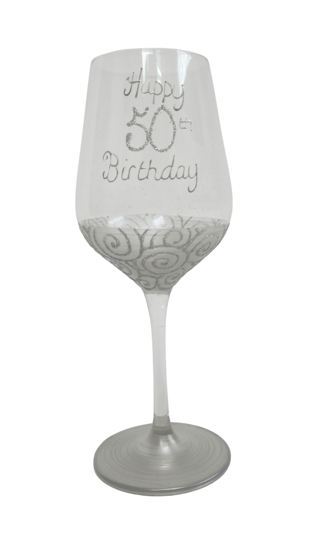 Wine Glass Hand Painted Glitter Happy 50th Birthday White Silver