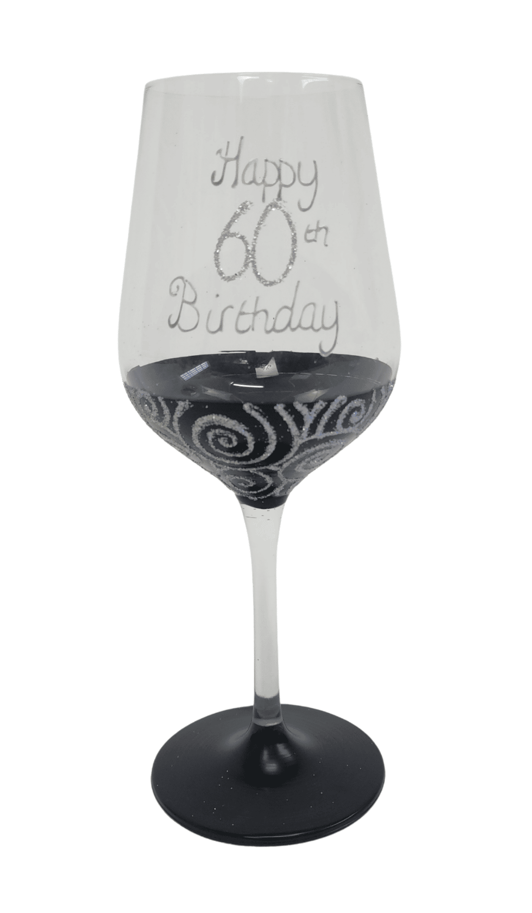 Wine Glass Hand Painted Glitter Happy 60th Birthday Black Silver